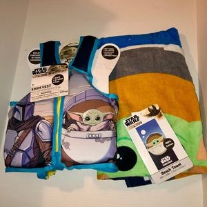 NWT Bundle Star Wars Child Swim vest and Towel Summer blue green the child Grogu